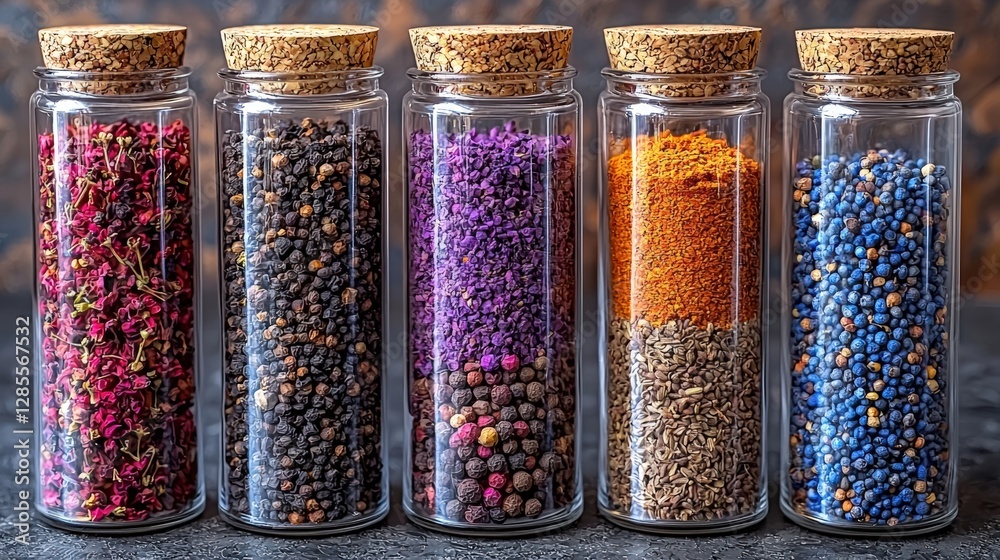 Five glass jars filled with a variety of colorful spices lined up for display in a kitchen setting Five glass jars filled with a variety of colorful spices lined up for display in a kitchen setting