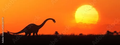 Fototapeta Majestic Dinosaur Silhouette Against a Vibrant Sunset in a Serene Landscape