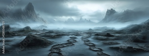 Mysterious Landscape with Fog and Rocky Terrain Creating an Eerie Atmosphere at Dusk