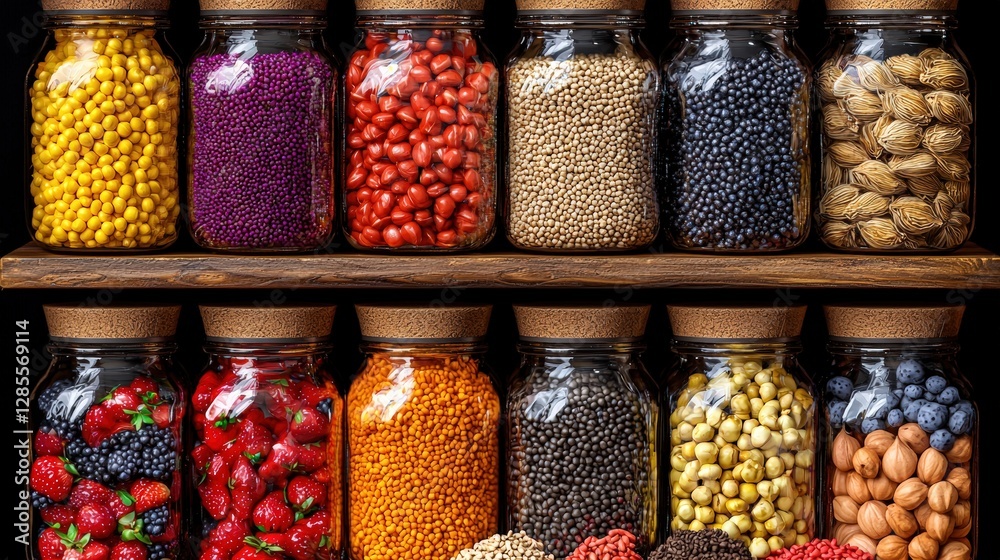 A colorful display of various fresh fruits and nuts arranged beautifully on a rustic wooden table A colorful display of various fresh fruits and nuts arranged beautifully on a rustic wooden table