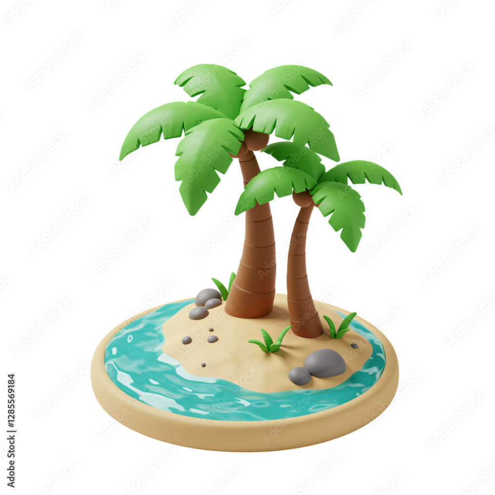 Obraz premium Cute 3D Cartoon Island with Palm Trees