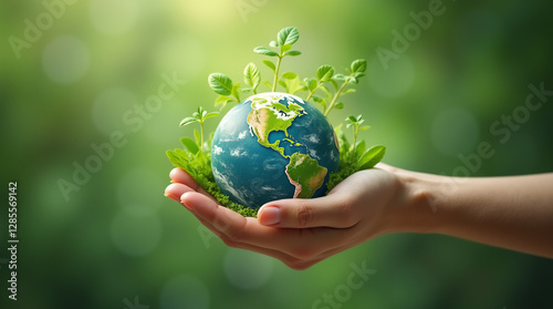Hand of human holding green earth with the icon of Environment for ESG, co2, and net zero.World sustainable environment, save clean planet