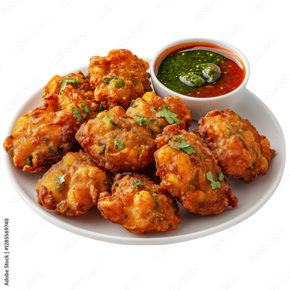 A plate of crispy, golden-brown cauliflower fritters served with tangy green chutney and spicy red sauce. A delicious vegetarian snack or appetizer. A plate of crispy, golden-brown cauliflower fritters served with tangy green chutney and spicy red sauce. A delicious vegetarian snack or appetizer.