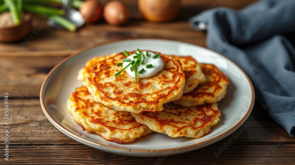 Golden potato pancakes topped with sour cream and fresh chives, served on a rustic wooden table. Golden potato pancakes topped with sour cream and fresh chives, served on a rustic wooden table.