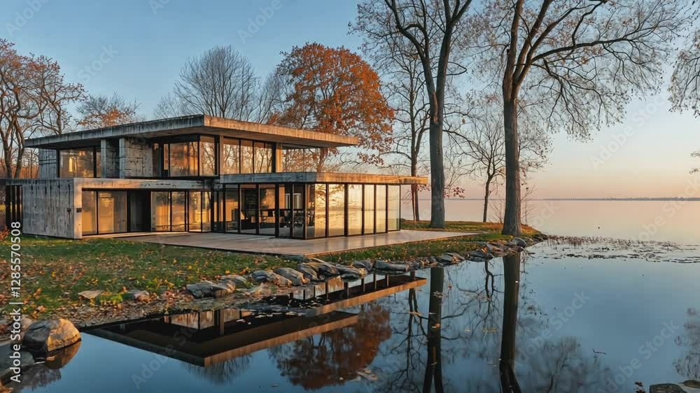 Serene Lakeside Home: Captivating architecture blends seamlessly with nature in a luxurious lakeside home, with expansive glass windows reflecting the peaceful waters and warm sunlight. Serene Lakeside Home: Captivating architecture blends seamlessly with nature in a luxurious lakeside home, with expansive glass windows reflecting the peaceful waters and warm sunlight.