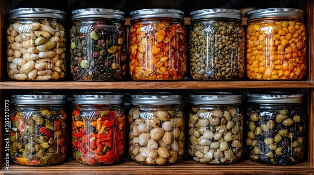 Colorful jars of pickled vegetables displaying variety and freshness in a rustic kitchen setting Colorful jars of pickled vegetables displaying variety and freshness in a rustic kitchen setting