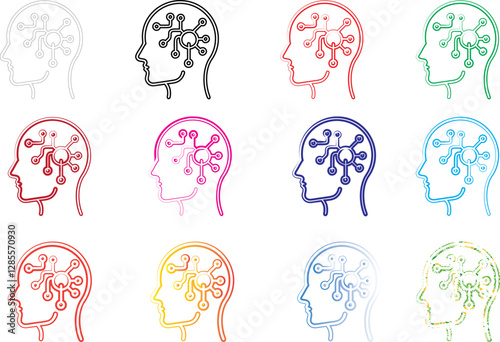 Stylized profile sketches, colorful line drawings of heads, minimal facial features, abstract brain patterns, geometric cranium designs, diverse color palette, repetitive artistic motif, neuroscience 