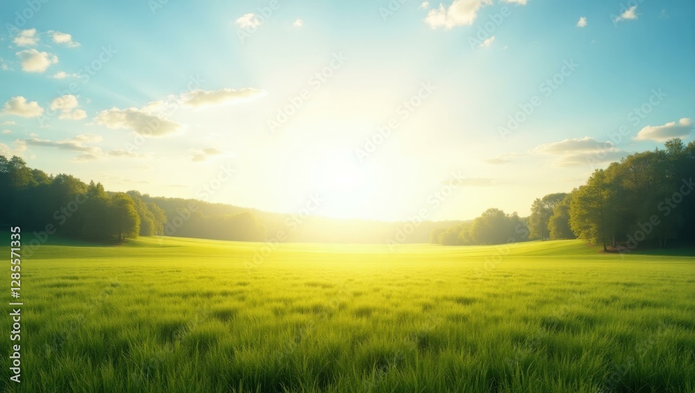 Sun is shining brightly over green field of grass Sun is shining brightly over green field of grass