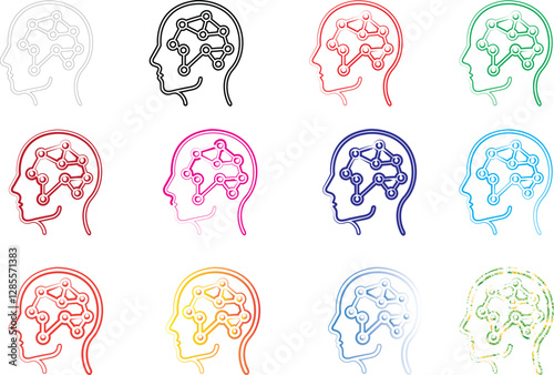 Stylized profile sketches, colorful line drawings of heads, minimal facial features, abstract brain patterns, geometric cranium designs, diverse color palette, repetitive artistic motif, neuroscience 