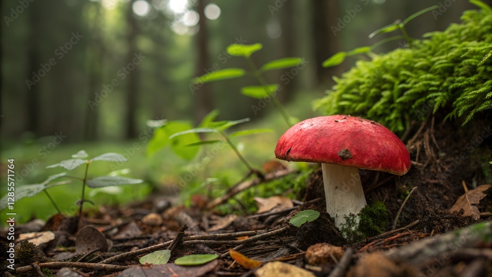 Red Mushroom in Forest: A vibrant red mushroom with white spots peeks out from a bed of moss and leaves, bathed in the soft light filtering through the trees. Red Mushroom in Forest: A vibrant red mushroom with white spots peeks out from a bed of moss and leaves, bathed in the soft light filtering through the trees.
