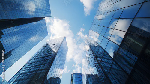 Modern Skyscrapers and Blue Sky Reflections in Urban Business District : Generative AI