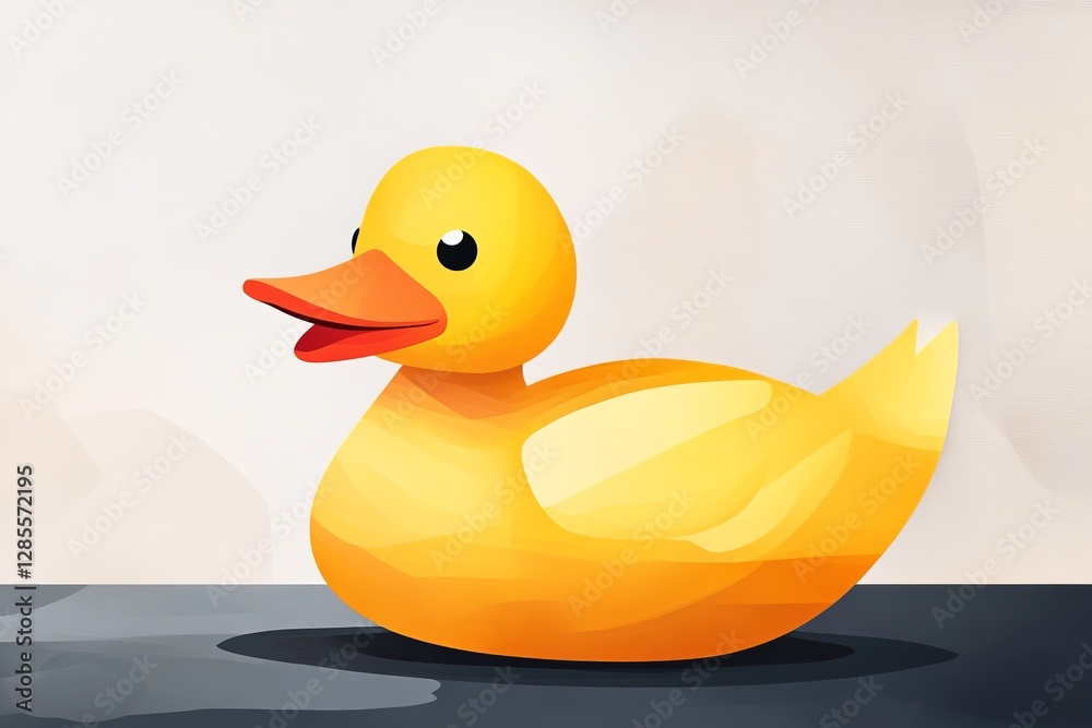 Fototapeta premium Bright yellow rubber duck floating on a smooth surface with a soft neutral background