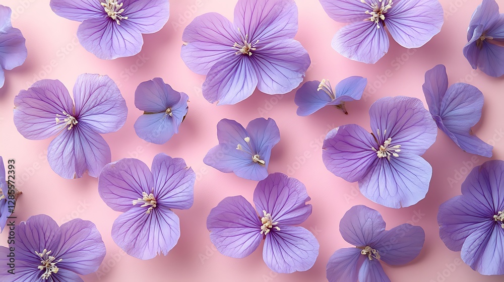 A flat lay of delicate purple flowers, arranged in an artistic pattern on a pastel pink background. A flat lay of delicate purple flowers, arranged in an artistic pattern on a pastel pink background.