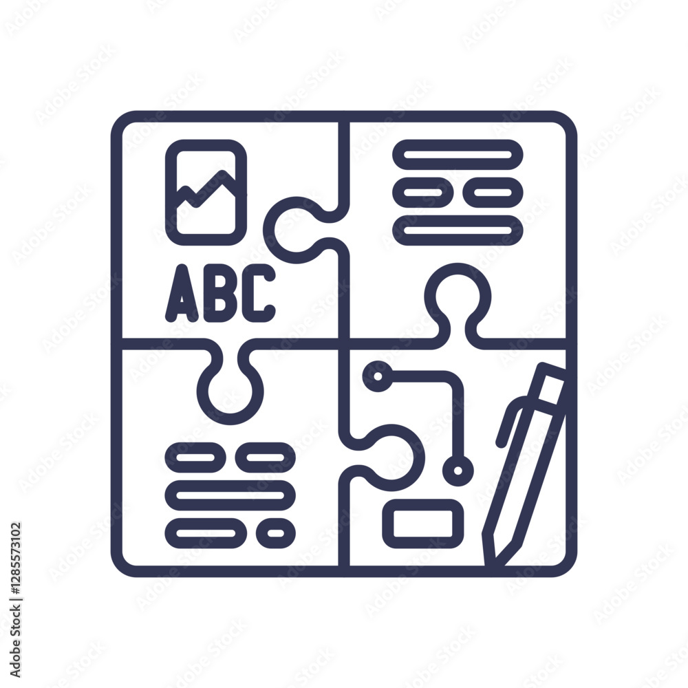 Puzzle pieces with icons symbolize integration and cohesion in data and communication. Puzzle pieces with icons symbolize integration and cohesion in data and communication.