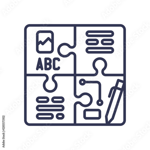 Puzzle pieces with icons symbolize integration and cohesion in data and communication.