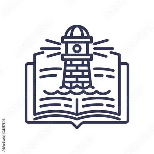 An open book with a lighthouse symbolizes guidance and discovery.