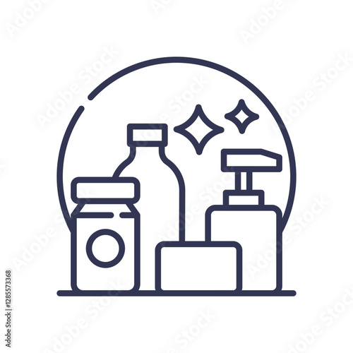 Line art of consumer staples like bottles and soap, symbolizing daily essentials.