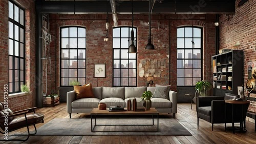 Industrial loft-style living room with exposed brick walls, metal beams, and wooden floors, photorealistic interior rendering