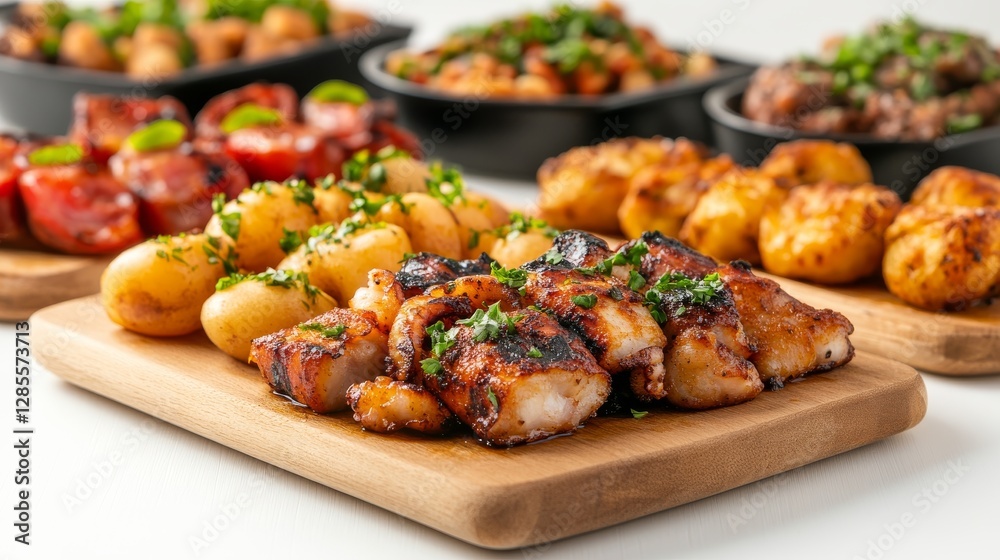 Fototapeta premium Tapas platter on wooden board, various dishes