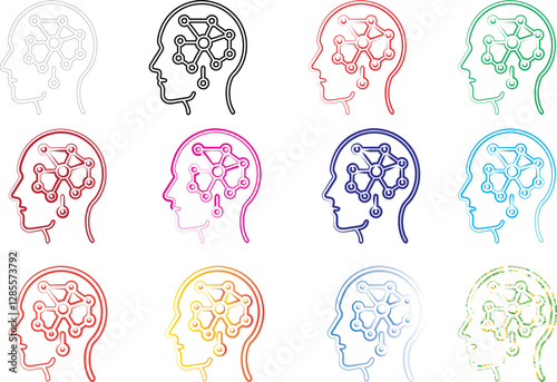 Stylized profile sketches, colorful line drawings of heads, minimal facial features, abstract brain patterns, geometric cranium designs, diverse color palette, repetitive artistic motif, neuroscience 