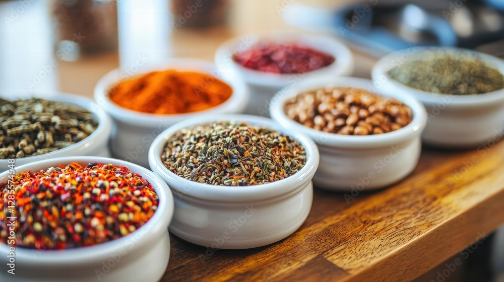 A colorful variety of spices arranged in small containers on a wooden surface in a kitchen A colorful variety of spices arranged in small containers on a wooden surface in a kitchen