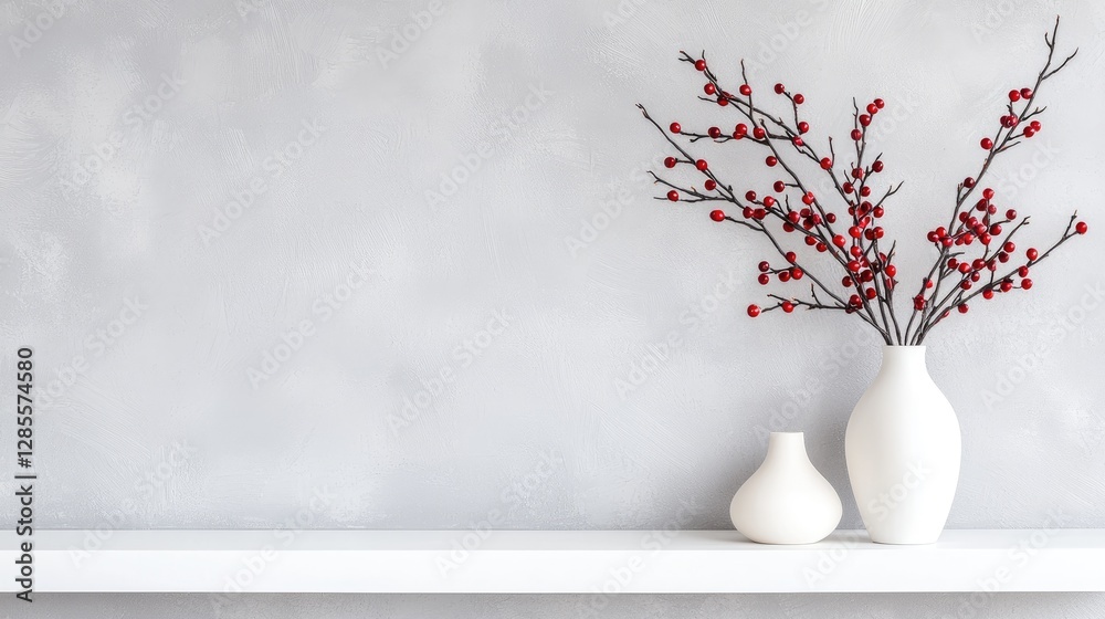 Red berries in vase, minimalist decor, shelf, grey wall, home interior design Red berries in vase, minimalist decor, shelf, grey wall, home interior design