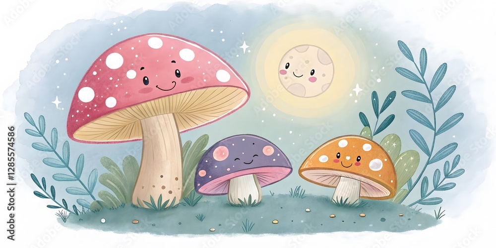 Whimsical Cartoon Mushrooms Under A Bright Moonlight Sky Whimsical Cartoon Mushrooms Under A Bright Moonlight Sky
