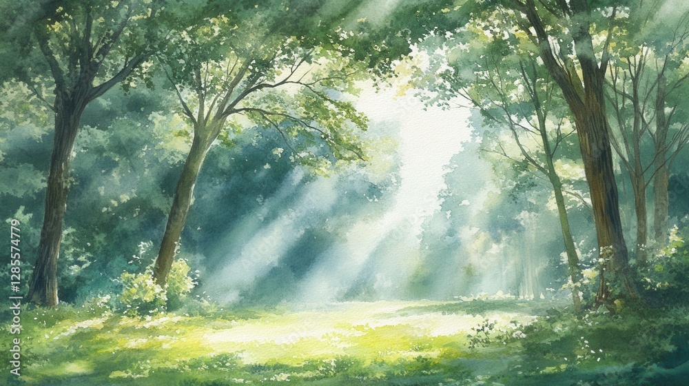 Fototapeta premium Sunlight Filtering Through Lush Green Forest Canopy in a Serene Natural Setting