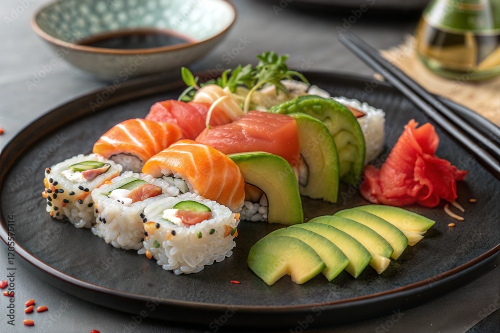Delicious Variety of Sushi Rolls on a Dark Plate Delicious Variety of Sushi Rolls on a Dark Plate
