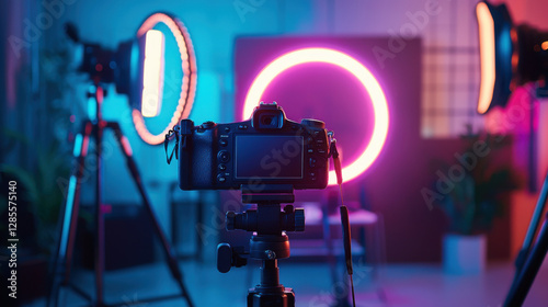 DSLR Camera on Tripod, Neon Lights Studio - Neon lighting