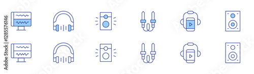 Audio icon set in two styles, Duotone and Thin Line style. Editable stroke. audio jack, audio editing, audio guide, headphones, speaker