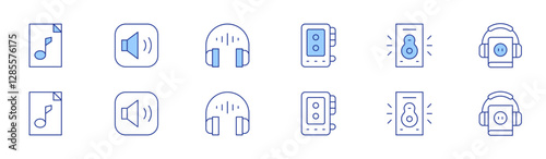 Audio icon set in two styles, Duotone and Thin Line style. Editable stroke. audio, audio recorder, speaker, volume up, audio book, audio guide