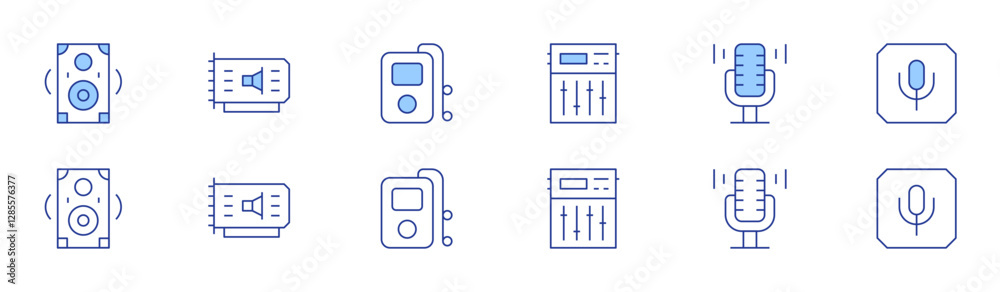 Audio icon set in two styles, Duotone and Thin Line style. Editable stroke. equalizer, music, sound card, microphone, music player, audio Audio icon set in two styles, Duotone and Thin Line style. Editable stroke. equalizer, music, sound card, microphone, music player, audio