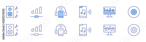 Audio icon set in two styles, Duotone and Thin Line style. Editable stroke. music, volume, music player, audio book, additive synthesis, music and multimedia