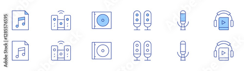 Audio icon set in two styles, Duotone and Thin Line style. Editable stroke. song, home cinema, cd, sound system, audio message, audiobook