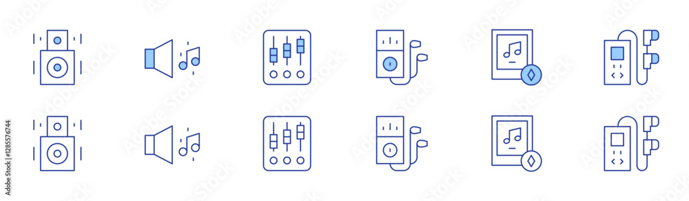 Audio icon set in two styles, Duotone and Thin Line style. Editable stroke. speaker, music, dj mixer, mp player, audio, music player Audio icon set in two styles, Duotone and Thin Line style. Editable stroke. speaker, music, dj mixer, mp player, audio, music player