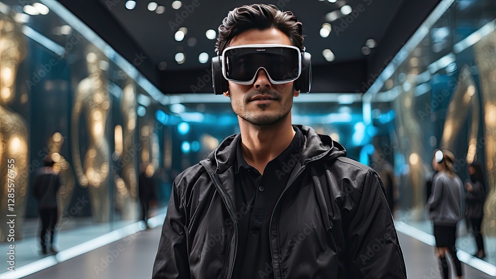 Fototapeta premium A young person wearing a virtual reality headset stands in an art gallery, looking upwards.
