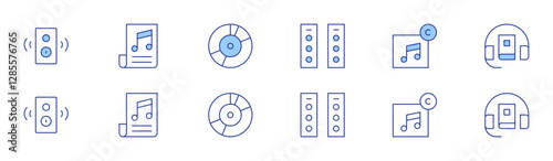 Audio icon set in two styles, Duotone and Thin Line style. Editable stroke. speaker, music, vinyl record, audio system, audio, audio guide