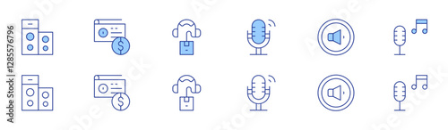Audio icon set in two styles, Duotone and Thin Line style. Editable stroke. speaker, radio, microphone, volume down, audio, audio guide