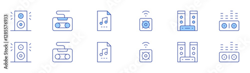Audio icon set in two styles, Duotone and Thin Line style. Editable stroke. subwoofer, speaker, casette, audio file, speakers, sound waves