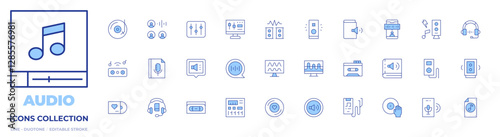 Audio icons collection. Line Duotone style, editable stroke. cassette tape, love, speaker, recorder, dj, speakers, sound equipment, music, vinyl disc, audio