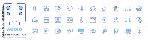 Audio icons collection. Line Duotone style, editable stroke. voice control, mixer, headphone, vinyl disc, podcast, music, vinyl, speaker, listen, sound system