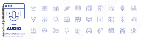 Audio icons collection. Thin Line icons, editable stroke. radio, podcast, headphones, speaker, favorite, mp player, subwoofer, sound, music speaker, music