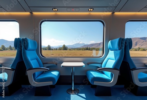 Travel redefined: Behold the sleek interior of China's high-speed railway through this high-resolution image, showcasing comfortable blue seating, ambient LED lighting, expansive windows with clear vi photo