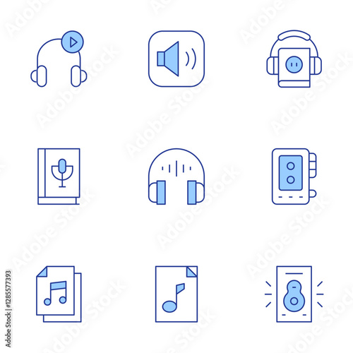 Audio icons set. Line Duotone style, editable stroke. book, audio, audio recorder, speaker, volume up, audio book, audio guide