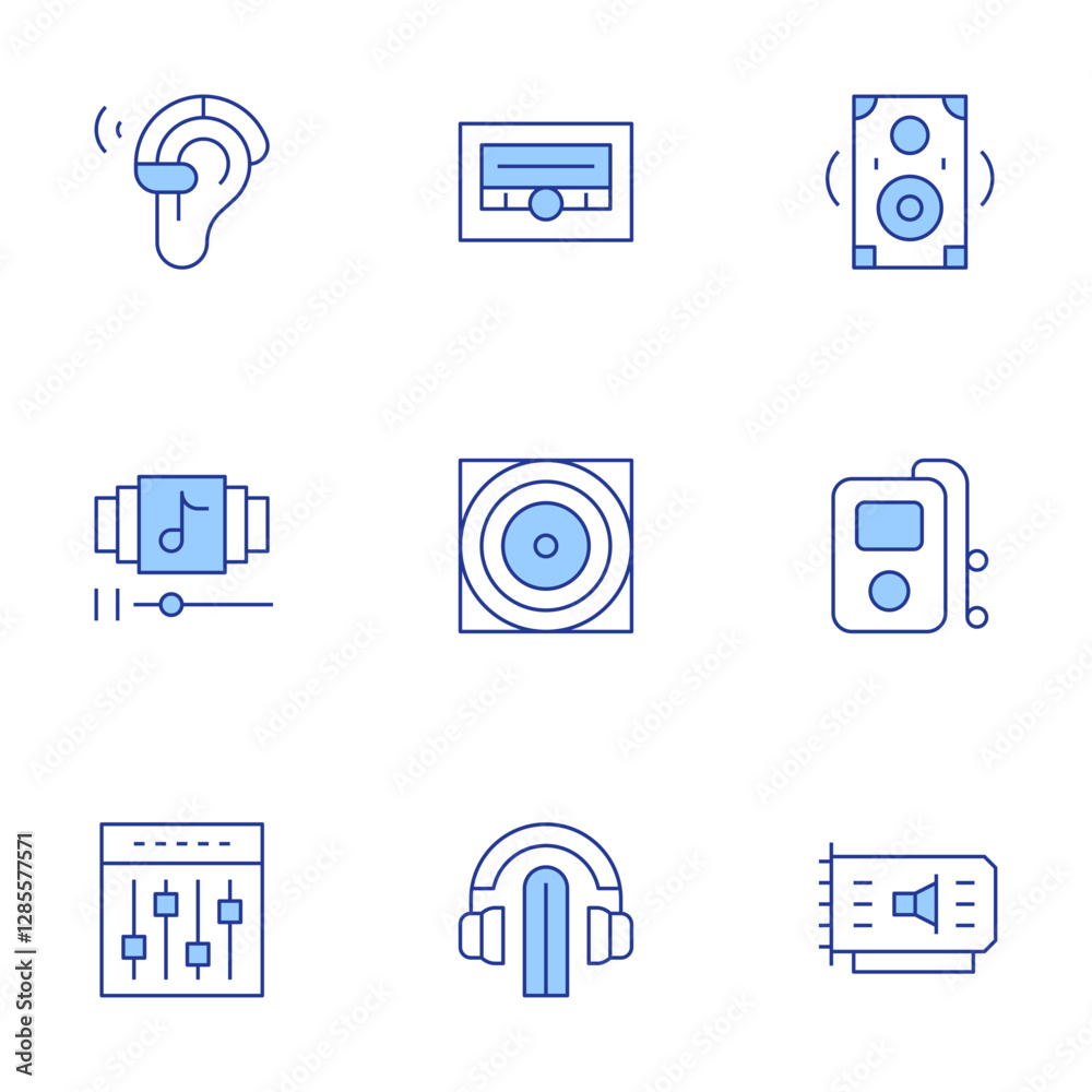 Audio icons set. Line Duotone style, editable stroke. music, sound card, equalizer, hearing aid, playlist, music player, audio system, listening Audio icons set. Line Duotone style, editable stroke. music, sound card, equalizer, hearing aid, playlist, music player, audio system, listening