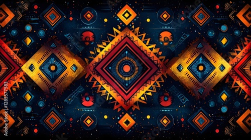 Wallpaper Mural Vibrant Tribal Pattern with Glowing Geometric Shapes in Warm Tones Torontodigital.ca