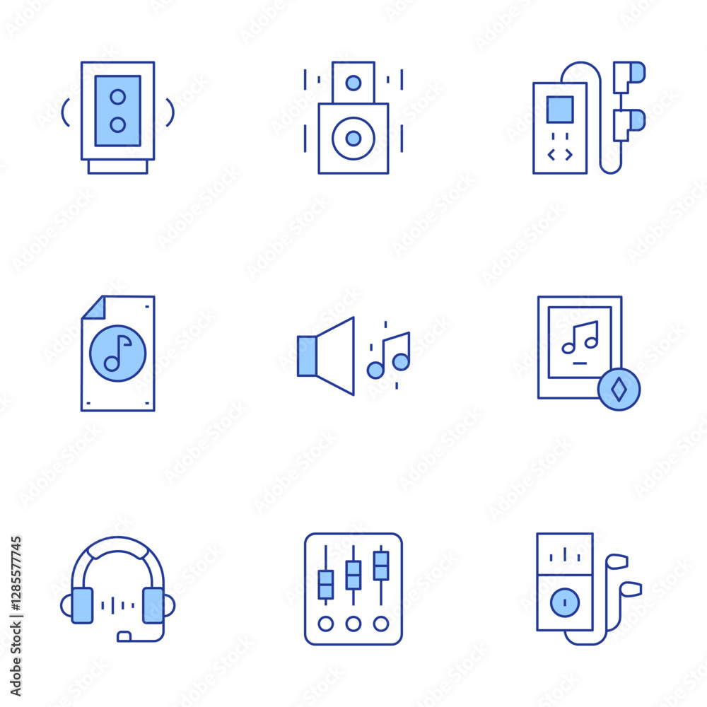 Audio icons set. Line Duotone style, editable stroke. speaker, music, dj mixer, speakers, headphones, mp player, audio, audio file, music player Audio icons set. Line Duotone style, editable stroke. speaker, music, dj mixer, speakers, headphones, mp player, audio, audio file, music player