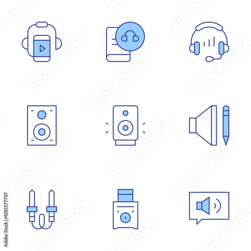 Audio icons set. Line Duotone style, editable stroke. speaker, audiobook, headset, audio, audio jack, audio guide