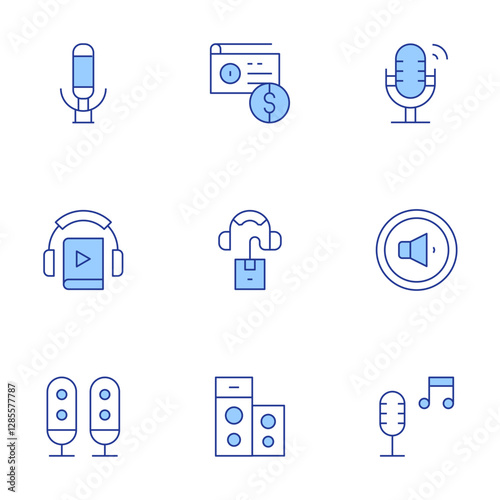 Audio icons set. Line Duotone style, editable stroke. speaker, radio, microphone, sound system, volume down, audio, audio guide, audio message